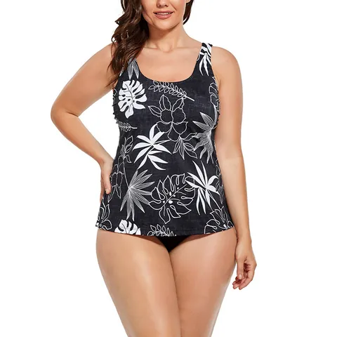 Women Plus Size Tankini Swimsuits Tropical Printed Tummy Control Padded Bathing Suits Beachwear Top And Bottom
