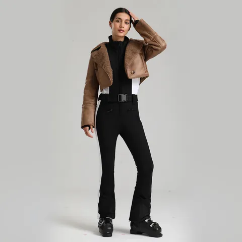 Combinaison de Ski Ajustée pour Femme Imperméable Coupe-Vent Chaude Jumpsuit et Veste Courte à Col en Fausse Fourrure pour Sports d'Hiver