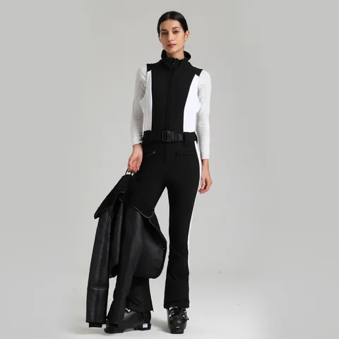 Combinaison de Ski Ajustée pour Femme Imperméable Coupe-Vent Chaude Jumpsuit et Veste Courte à Col en Fausse Fourrure pour Sports d'Hiver