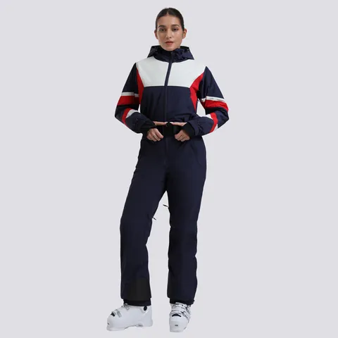 Women Slim Fit One-Piece Ski Suit Waterproof Windproof Warm Color Block Snowboard Jumpsuit Hooded Outdoor Winter Sport Top And Bottom