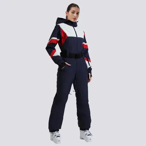 Women Slim Fit One-Piece Ski Suit Waterproof Windproof Warm Color Block Snowboard Jumpsuit Hooded Outdoor Winter Sport Top And Bottom