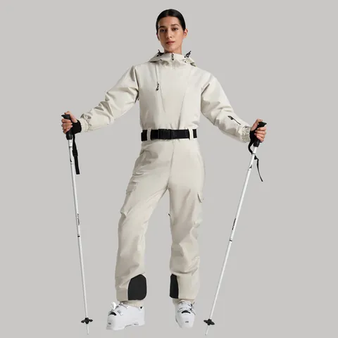 Professional Women One-Piece Ski Suit Waterproof Breathable Windproof Warm Jumpsuit Hooded Outdoor Winter Snowsuit With Belt