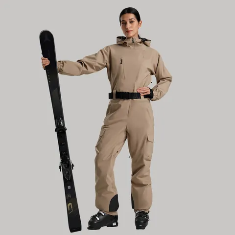 Professional Women One-Piece Ski Suit Waterproof Breathable Windproof Warm Jumpsuit Hooded Outdoor Winter Snowsuit With Belt