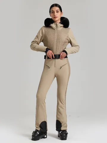 Dames Skipak Uit Eén Stuk Waterdicht Geïsoleerde Jumpsuit Met Capuchon Van Imitatiebont En Riem Voor Wintersport