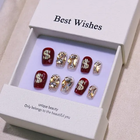 Handmade Luxury Press On Nails Cherry Red Dollar Sign Rhinestone Heart Short Square Round False Nails For Women New Year Party