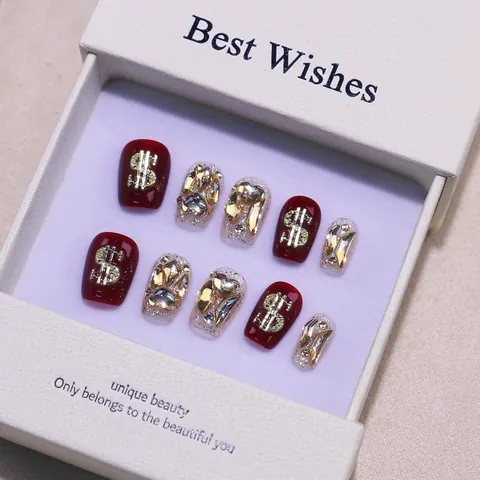 Handmade Luxury Press On Nails Cherry Red Dollar Sign Rhinestone Heart Short Square Round False Nails For Women New Year Party