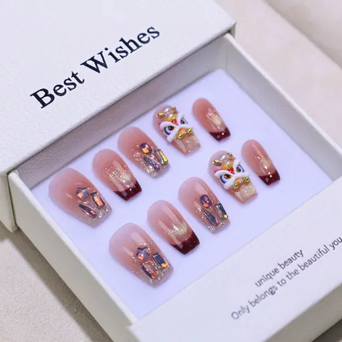 Unghie Finte Fatte a Mano Stile Cinese Danza del Leone Rosso Ciliegia Occhio di Gatto Ballerina Corta Con Decorazioni Strass