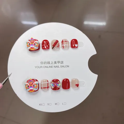 Handgefertigte Kinder-Künstliche Nägel Chinesisches Löwentanz-Thema 3D-Schleife Rot Weiß Festliche Falsche Nägel Für Kinder Party