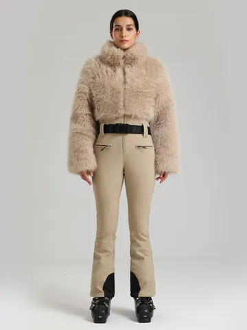 Combinaison de Ski pour Femme en Fausse Fourrure Imperméable Coupe-vent Épaissie Chaude Veste de Ski et Pantalon Top And Bottom Sports d'Hiver
