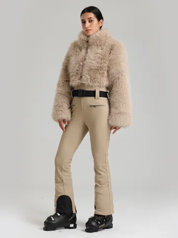 Combinaison de Ski pour Femme en Fausse Fourrure Imperméable Coupe-vent Épaissie Chaude Veste de Ski et Pantalon Top And Bottom Sports d'Hiver