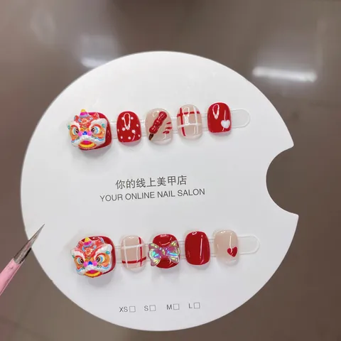Handgefertigte Kinder-Künstliche Nägel Chinesisches Löwentanz-Thema 3D-Schleife Rot Weiß Festliche Falsche Nägel Für Kinder Party