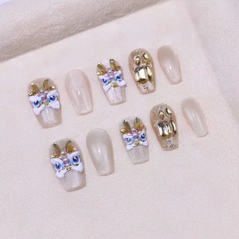 Uñas Postizas Hechas a Mano de Danza del León Oriental Lujo Ojo de Gato Relieve 3D Diamantes de Imitación Oro Champaña Manicura Festiva