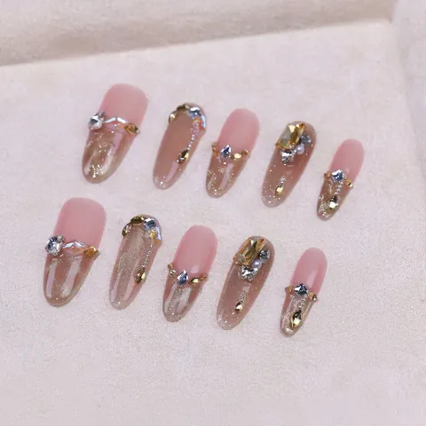 Handmade Press On Nails Champagne Gold Cat Eye Luxury Rhinestone Pearl Butterfly Long Oval Short Almond Fake Nails For Women 10 Pcs Set