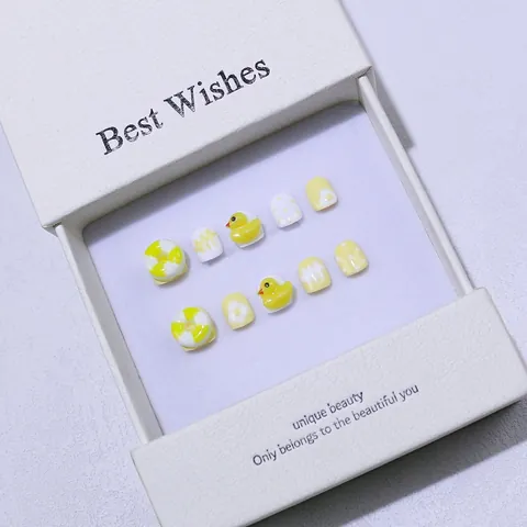 Handmade Kids Press On Nails Cute Yellow Duck Cartoon Short Finished False Nails For Girls Decorative Manicure Accessory