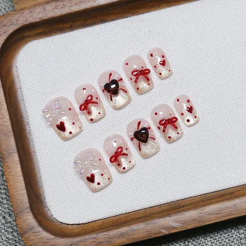 Unghie Finte Francesi Fatte a Mano Rosa Dolce Fiocco Rosso Design a Cuore Pois Quadrato Corto Unghie per Donna Nail Art