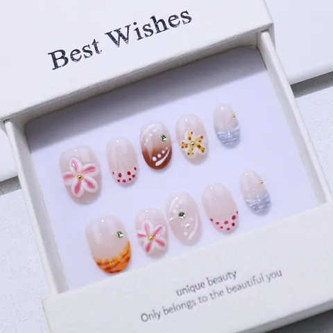 Handmade Press On Nails 3D Pink Flower French Style Artificial Fake Nails Sweet Cool Girl Decorative Manicure Gift