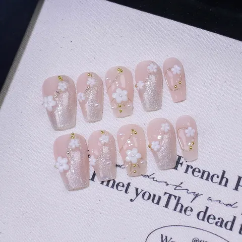 Unghie Finte a Pressione Francesi Sakura Occhio di Gatto Fatte a Mano Rosa Glitter Con Fiori 3D Bianchi Per Donna