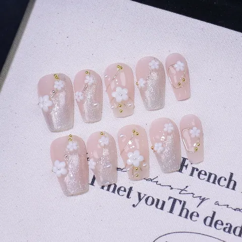Unghie Finte a Pressione Francesi Sakura Occhio di Gatto Fatte a Mano Rosa Glitter Con Fiori 3D Bianchi Per Donna