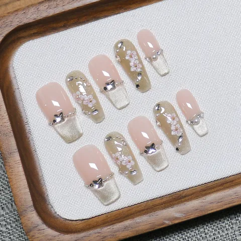 Handmade French Cat Eye Press On Nails Pink Champagne With 3D Butterfly Flower Artificial Pearl Rhinestone Fake Nails For Women