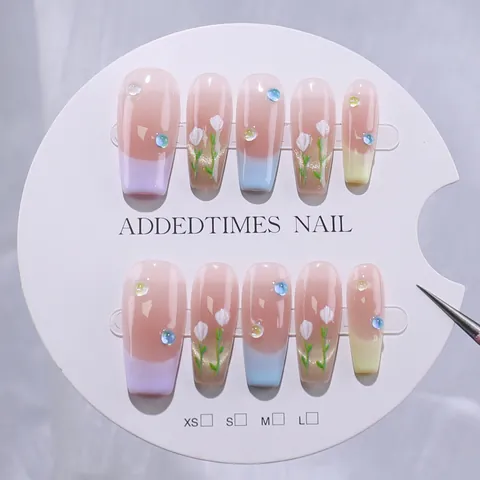 Handmade French Press On Nails Set Long Coffin Macaron Gradient Tulip Floral Rhinestone False Nails For Women Manicure Decor