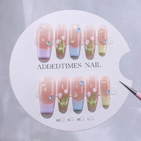Handmade French Press On Nails Set Long Coffin Macaron Gradient Tulip Floral Rhinestone False Nails For Women Manicure Decor