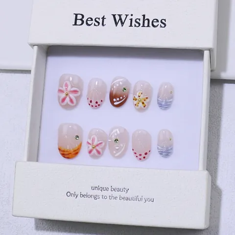 Handmade Press On Nails 3D Pink Flower French Style Artificial Fake Nails Sweet Cool Girl Decorative Manicure Gift