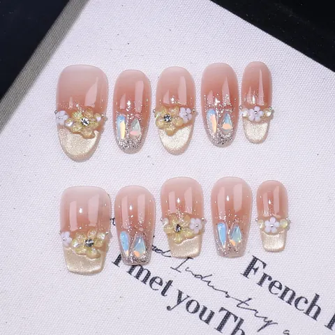Handmade Press On Nails French Gradient Nude Pink Floral Tulip Rhinestone Aurora Drill Reusable False Nails For Women