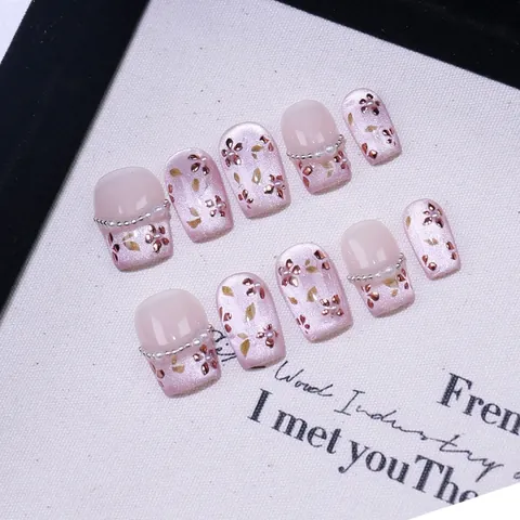 Unghie a Pressione Fatte a Mano Rosa Viola Occhio di Gatto Floreale Perla Decorazione Stile Francese Unghie Finte Eleganti Trapezio