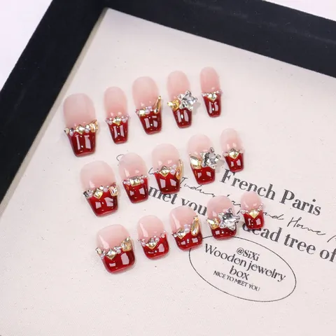 Handmade French Press On Nails Cherry Red Blush Gradient Luxury Rhinestone Star Pearl Decor Coffin Fake Nails For Women