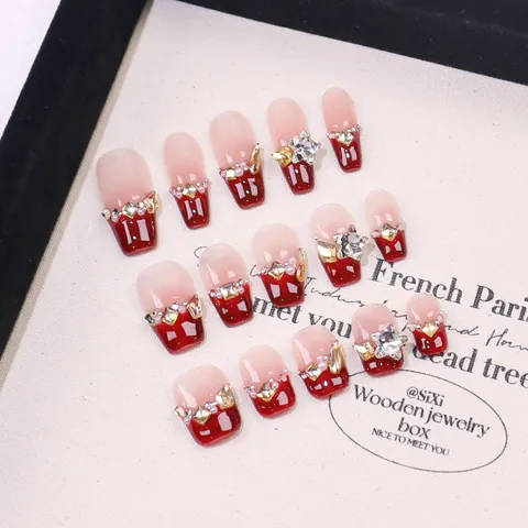Handmade French Press On Nails Cherry Red Blush Gradient Luxury Rhinestone Star Pearl Decor Coffin Fake Nails For Women