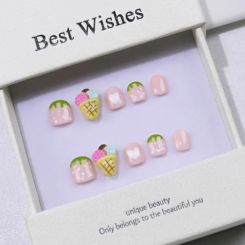 Handgefertigte Kinder Künstliche Fingernägel Süße Erdbeere Eiscreme 3D Muster Rosa Falsche Nägel Für Mädchen Kinder Nagelkunst Dekoration