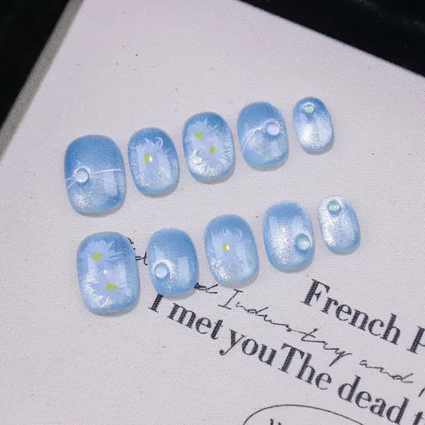 Handmade Light Blue Cat Eye Press On Nails Short Square Round With Pearl Flower Decoration Elegant Fake Nails For Women
