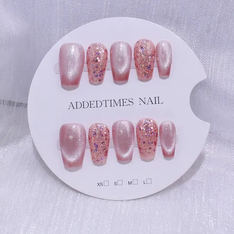 Unghie Finte a Pressione Fatte a Mano Rosa Occhio di Gatto Stile Francese Forma Bara Corta Glitter Sfumate per Donna Manicure