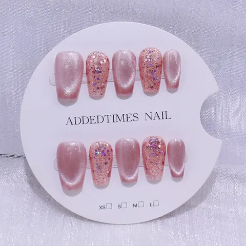 Unghie Finte a Pressione Fatte a Mano Rosa Occhio di Gatto Stile Francese Forma Bara Corta Glitter Sfumate per Donna Manicure