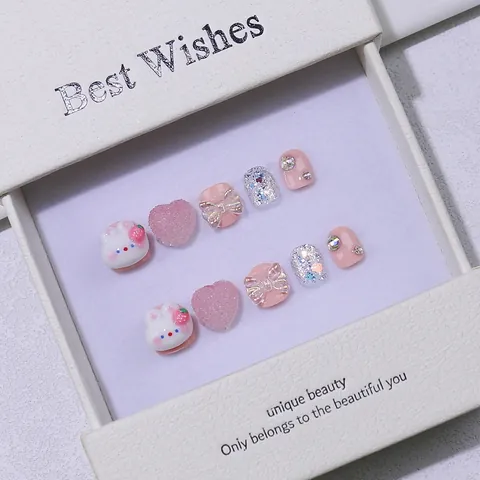 Kids Handmade Pink Bunny Press On Nails With 3D Strawberry Heart Rhinestone Decor Sweet Cartoon False Nail Tips For Girls Daily Manicure Gift