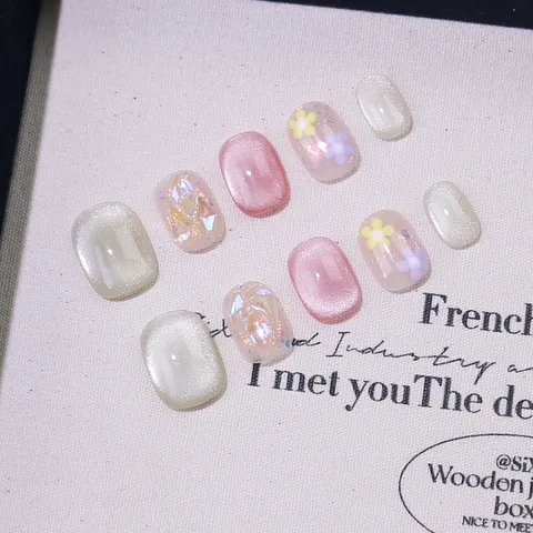 Handmade Press On Nails Set Pink White Cat Eye Flower Pattern False Nails With Jelly Glue And Cleaning Pads For Women