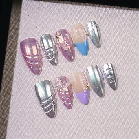 Handgefertigte 3D Schmetterling Press-on Nägel Y2K Lila Blau Metallic Spiegel Mandelform Künstliche Nägel Glitzer Maniküre