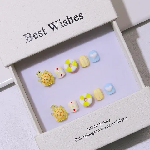 Kids Cute Cartoon Turtle Press On Nails Handmade Resin Relief Fake Nails For Girls Heart Pattern Children Manicure Decoration Gift