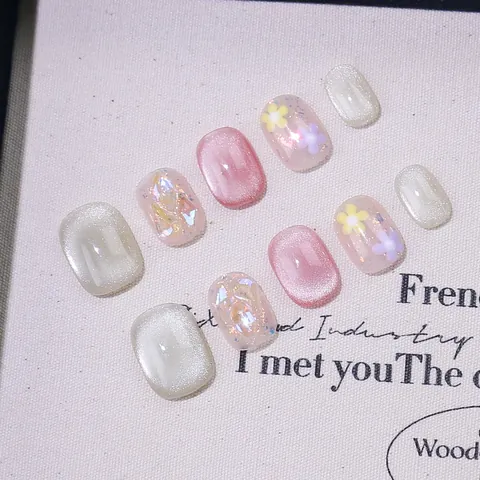 Handmade Press On Nails Set Pink White Cat Eye Flower Pattern False Nails With Jelly Glue And Cleaning Pads For Women
