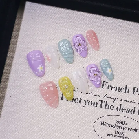 3D Relief Blumen Handgefertigte Künstliche Fingernägel Macaron Jelly Mandelform Falsche Nägel Mit Künstliche Perlen Muschel Dekoration Salon Qualität Wiederverwendbar