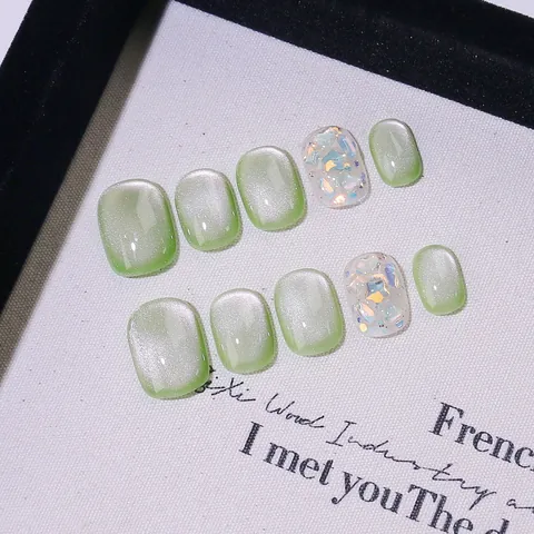 Unghie Finte a Pressione Verde Guava Occhio di Gatto Fatte a Mano Ghiaccio Traslucido Stile Corto Quadrato Rotondo per Decorazione Manicure Donna