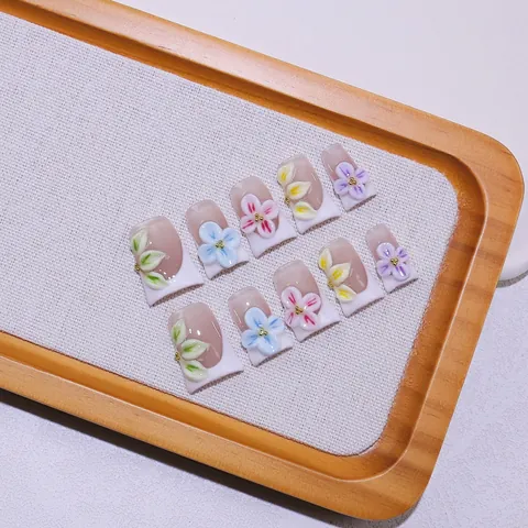 Unghie Finte a Pressione Fatte a Mano Rilievo 3D Fiore French Tip Lunghe Coffin Per Donne Matrimonio Festa