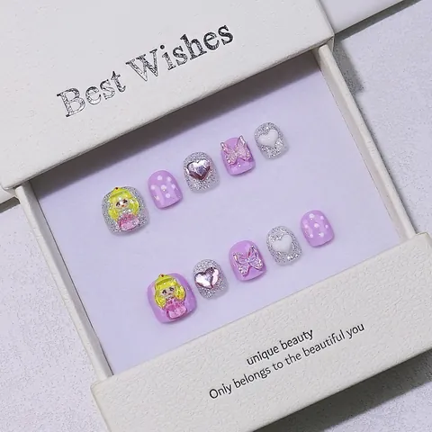 Unghie Finte per Bambini Fatte a Mano Cartone Animato Principessa Viola Cuore Farfalla 3D Glitter Dolce Unghie Lucide Regalo per Ragazze