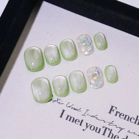 Unghie Finte a Pressione Verde Guava Occhio di Gatto Fatte a Mano Ghiaccio Traslucido Stile Corto Quadrato Rotondo per Decorazione Manicure Donna