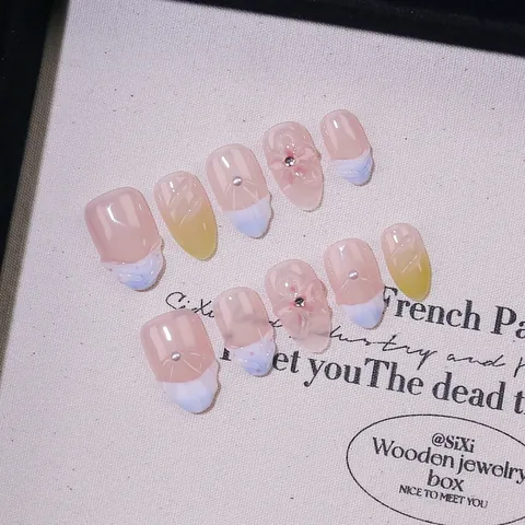 Handgemaakte 3D Bloem Oceaanstijl Plaknagels Franse Amandelvorm Schelppatroon Herbruikbare Full Cover Nageltips Voor Vrouwen