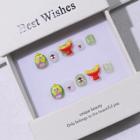 Handmade Kids Press On Nails Cute Cartoon Mermaid Princess Style 3D Relief Decor Sweet False Nails For Girls Gift