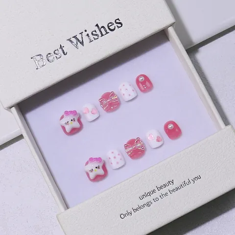 Kinder Handgefertigte Künstliche Nägel Rosa Weiß Süß Cartoon Stern Herz Schleife 3D Falsche Nägel Set Für Mädchen Student Geschenk