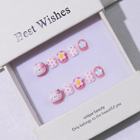 Unghie a Pressione per Bambini Fatte a Mano Design 3D Coniglietto Fragola Rosa Bianco Corte Tonde Unghie Finte per Ragazze