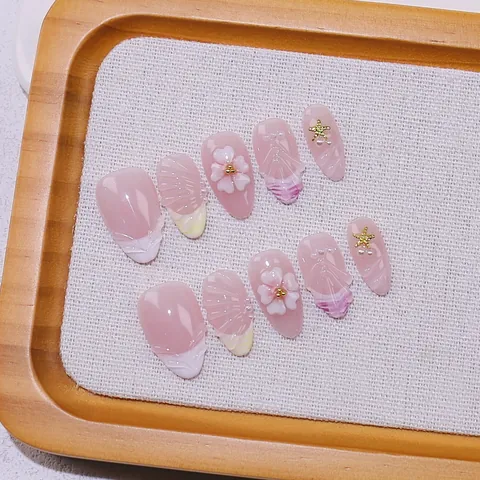 Handmade French Translucent Pink Gradient Press On Nails With 3D Flowers Shells Starfish Artificial Pearls Almond False Nails For Women