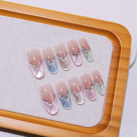 Uñas Postizas Hechas a Mano French Tip Ojo de Gato Strass Degradado Largo Ballerina Uñas Artificiales Mujer Decoración